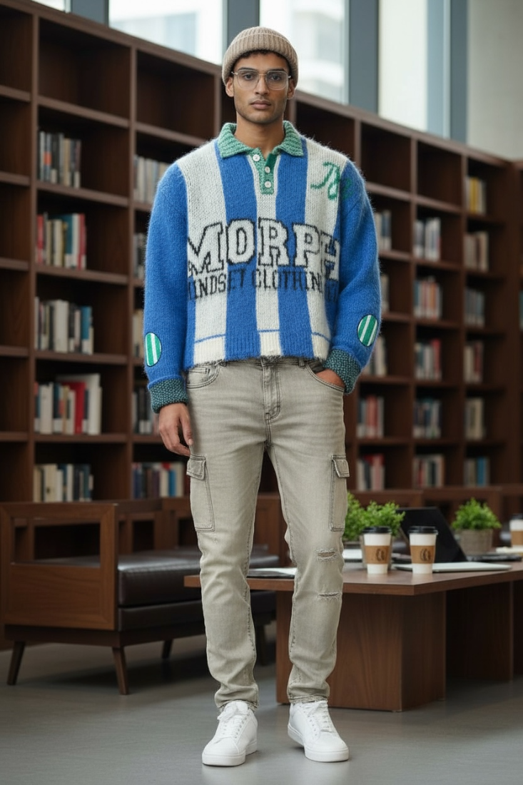 Man wearing a blue and white striped sweater with text, beige pants, and white shoes in a room with bookshelves.